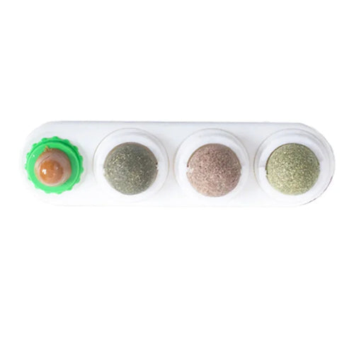 PetalTheory™ Quadro-Pulse™ 4-in-1 Rotating Catnip Wall Toy – Edible Silvervine & Gall Fruit Balls for Teeth Cleaning, Acne Prevention & Digestive Wellness